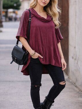 POL Burgundy Mineral Wash Oversized Hooded Tunic Casual Boho Small